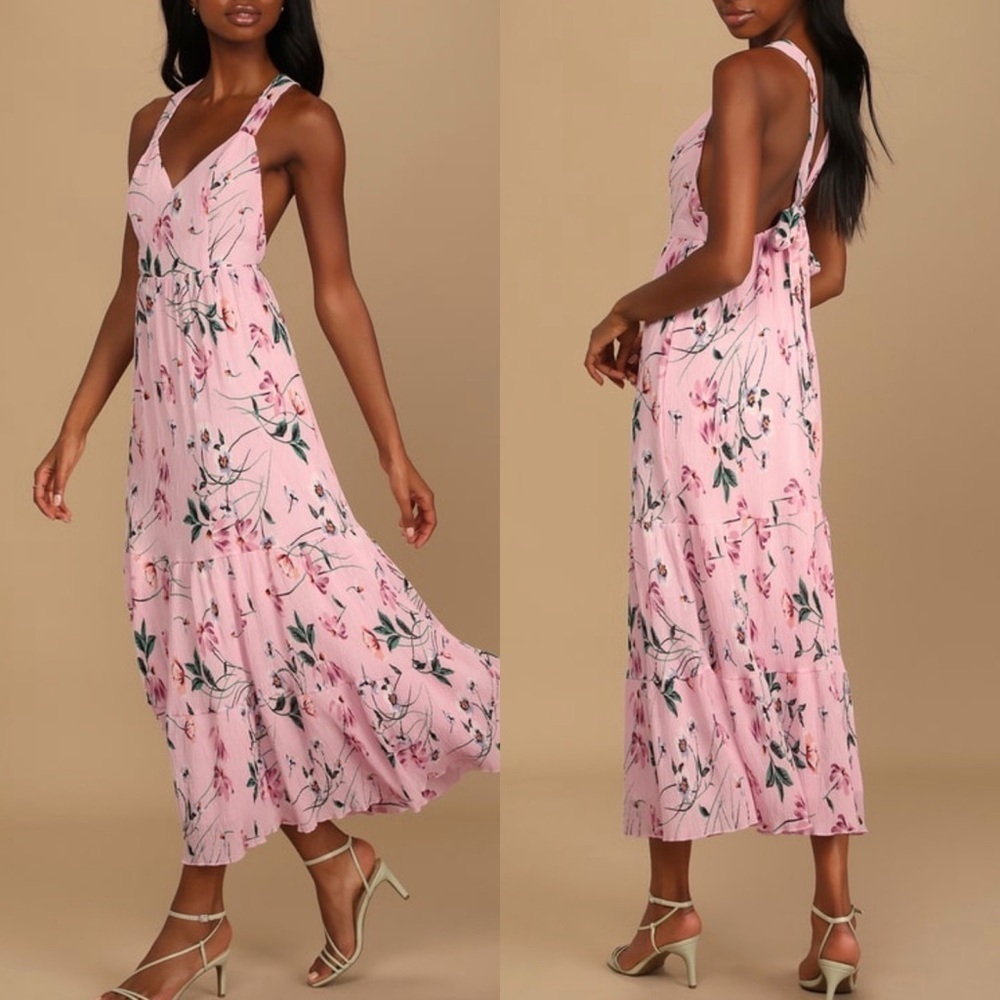New Lulus‎ Pink V-Neckline Floral Printed Pleated Tie-Back Midi Dress Size Large